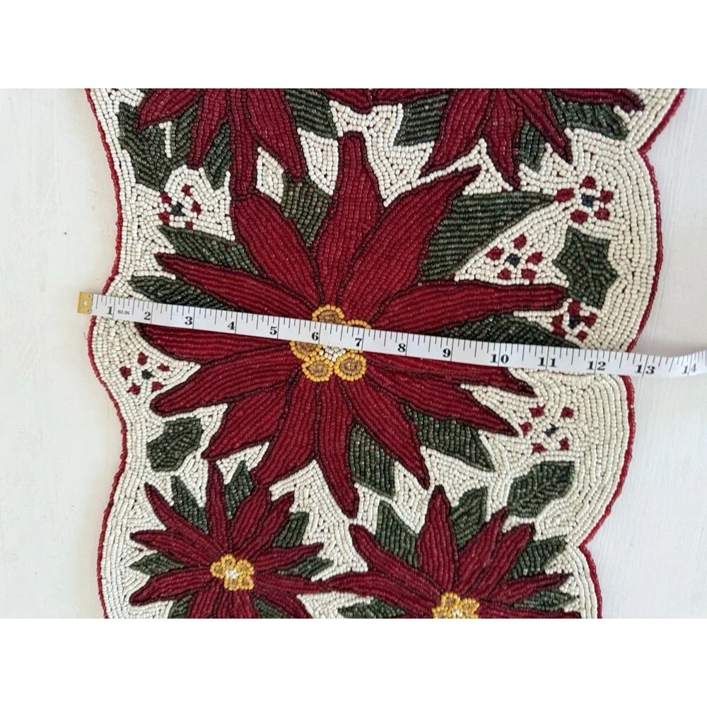 ✿ Vintage Beaded Christmas Table Runner Red Poinsettia Flowers Holiday Decor